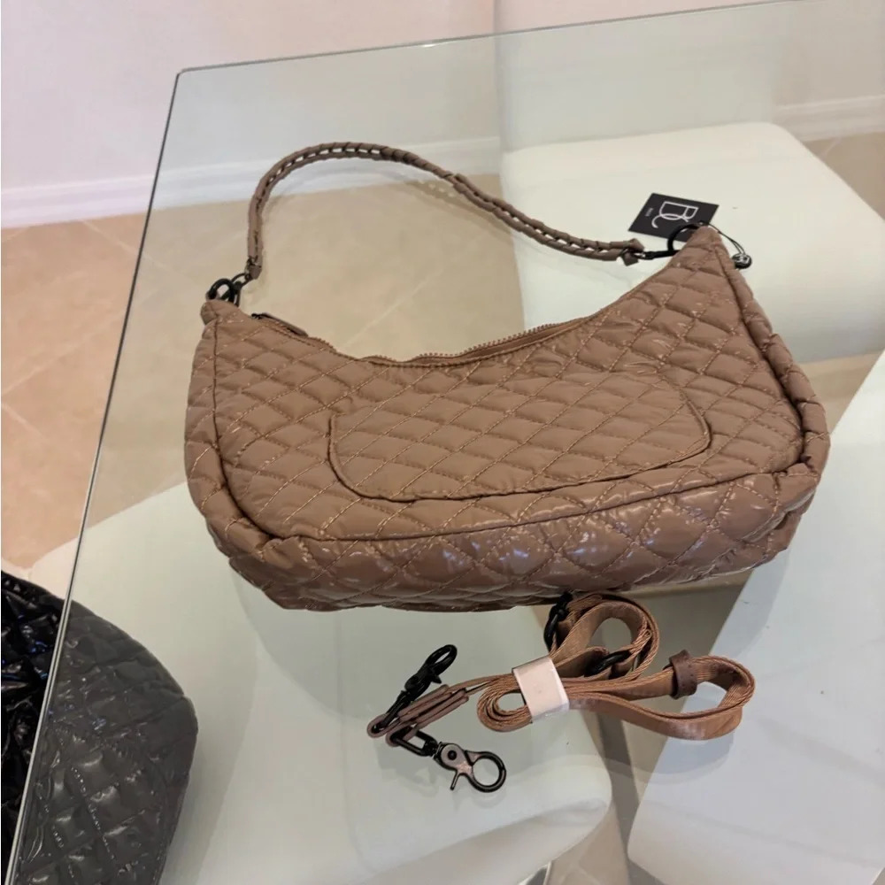 Quilted Pattern Tan Shoulder Bag With Crossbody Strap .
